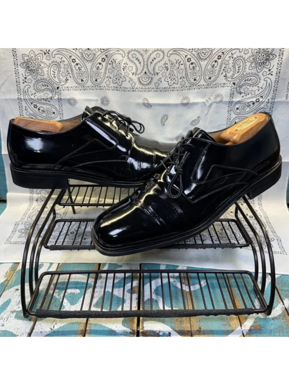 Johnston & Murphy Black Oxford Pat Leather Square Toe 15-1501Men 11.5 ITALY MADE